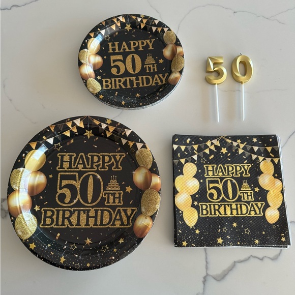 50th Birthday Party Decor Centerpieces Plates Dishes Napkins in Black and Gold ✨ - Picture 6 of 7